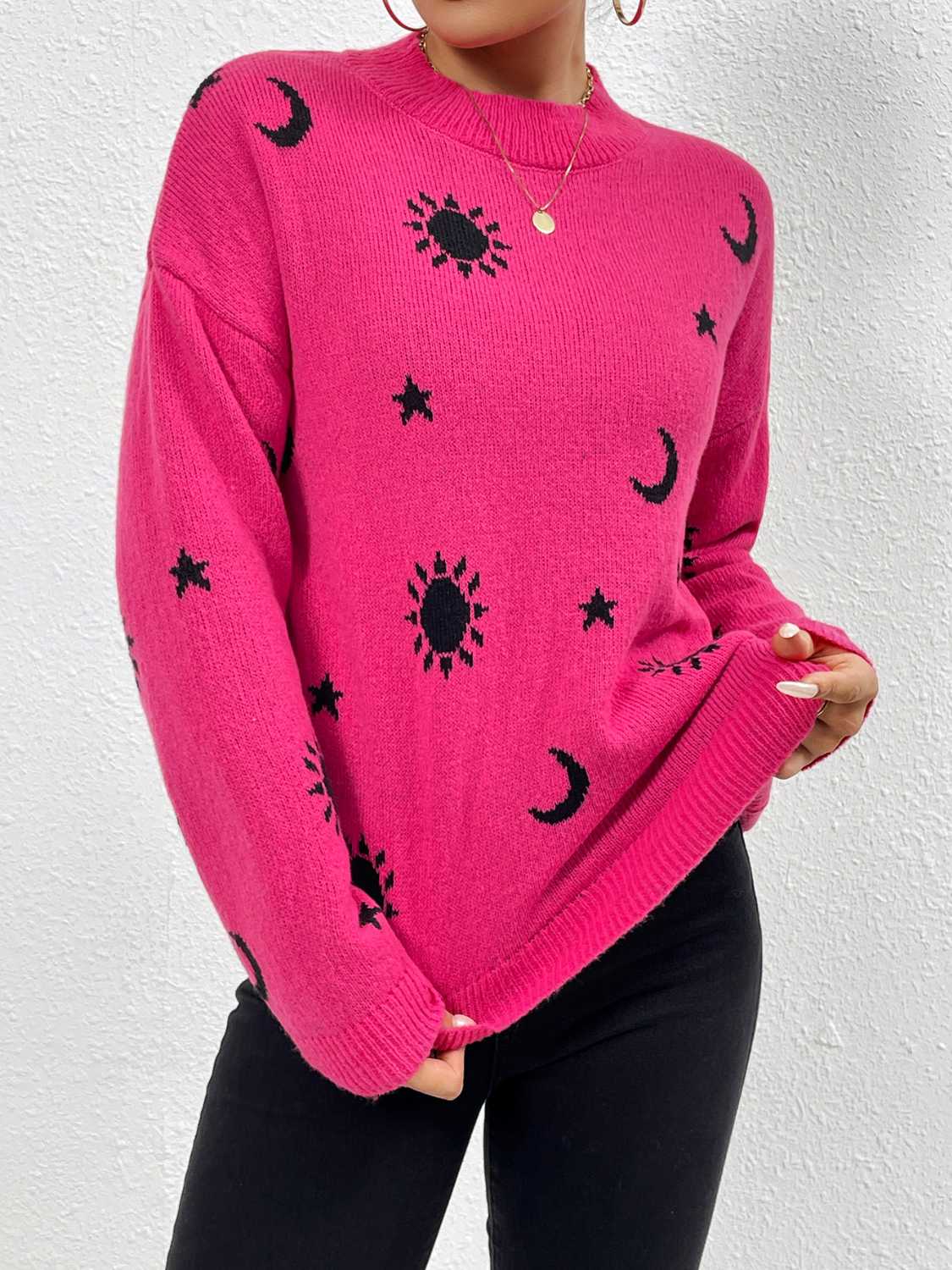 Patterned Drop Shoulder Sweater Hot Pink