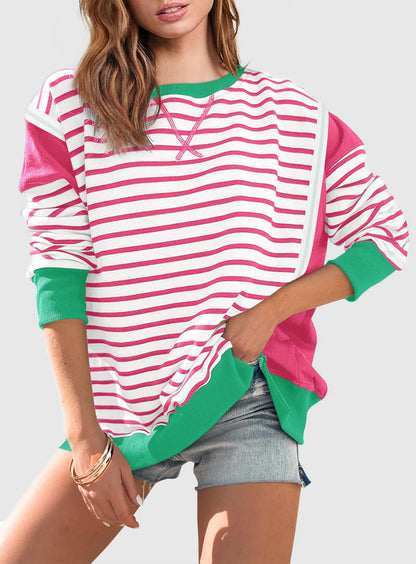 Slit Exposed Seam Striped Long Sleeve Sweatshirt Turquoise