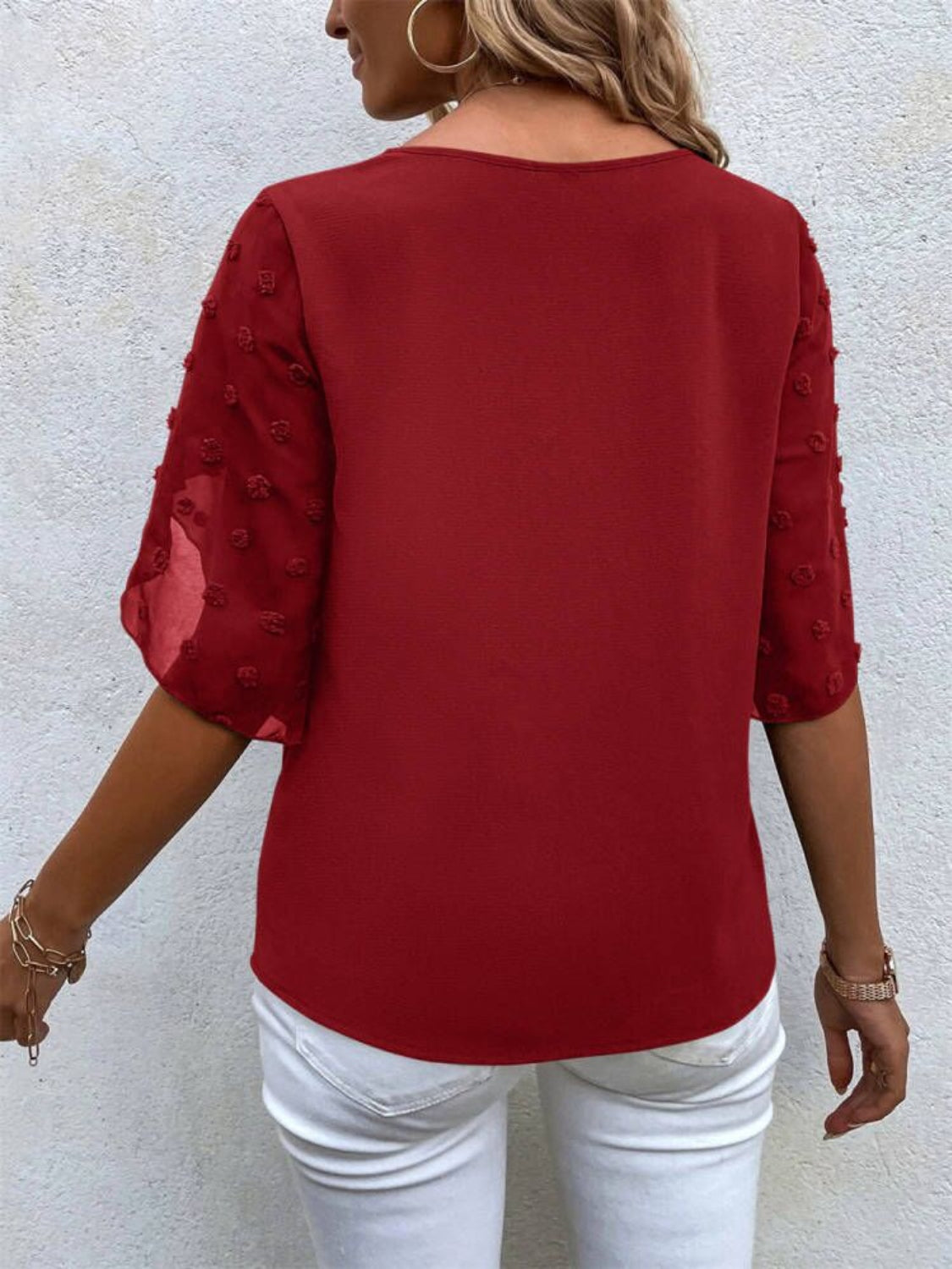 Swiss Dot Round Neck Half Sleeve Blouse Burgundy