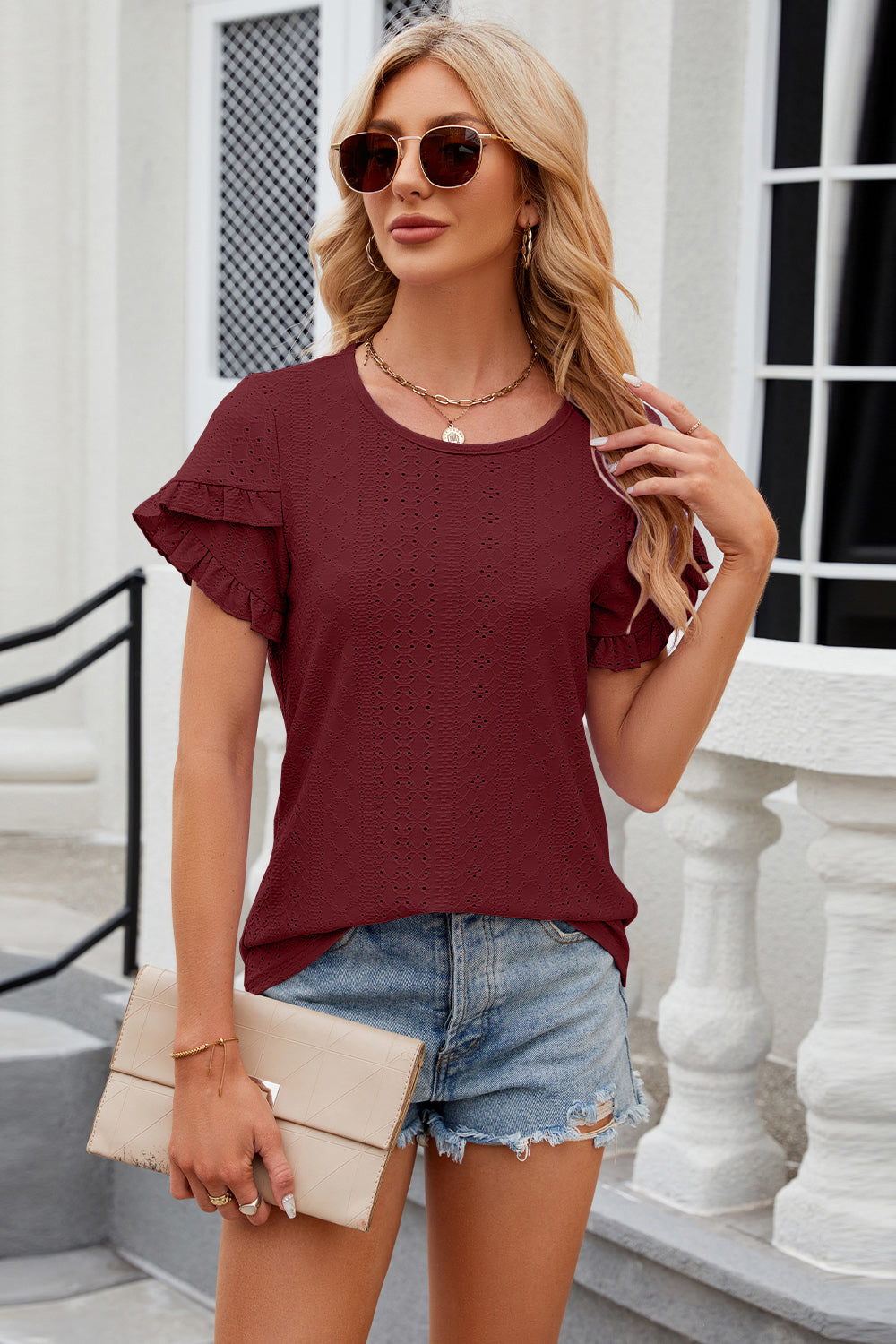 Eyelet Round Neck Petal Sleeve T-Shirt