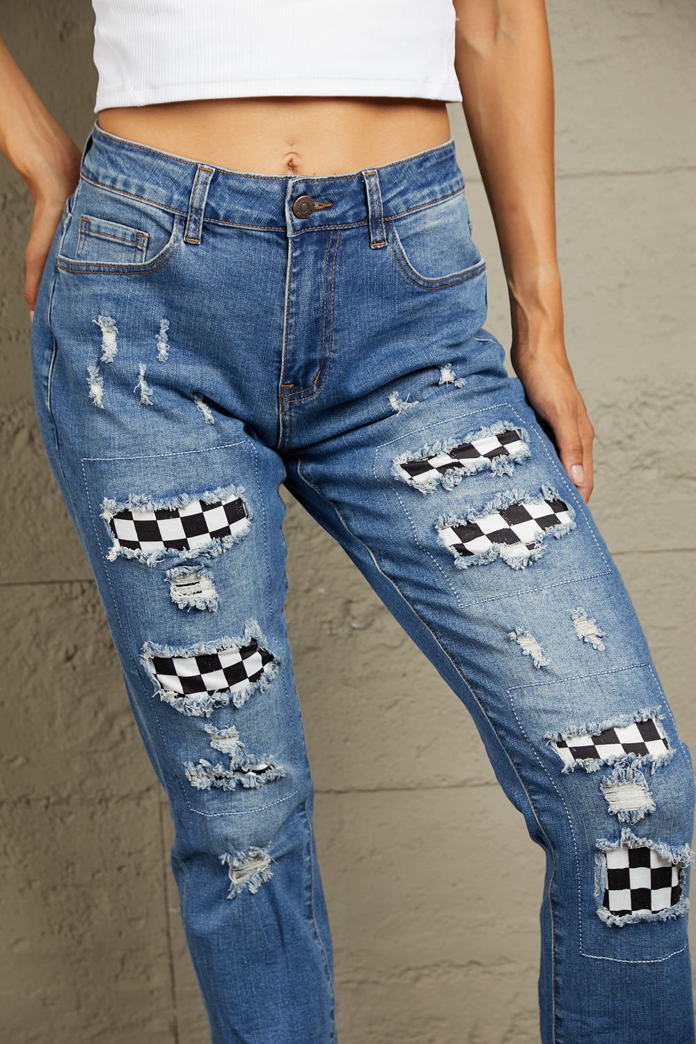 Baeful Checkered Patchwork Mid Waist Distressed Jeans