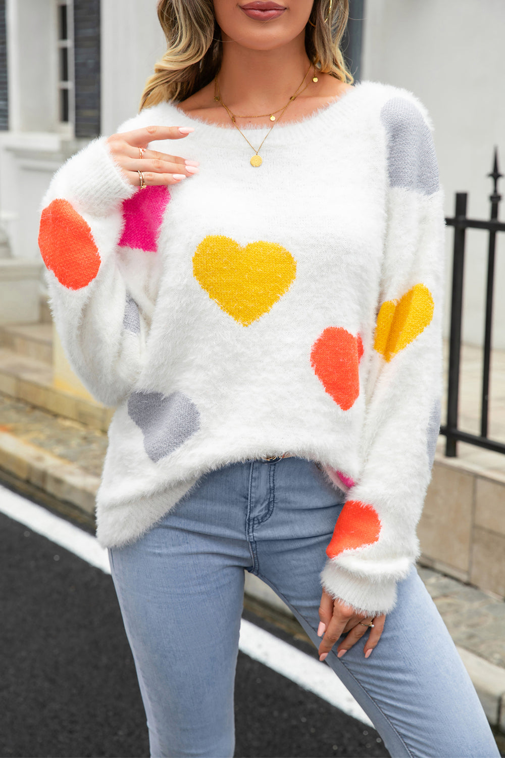 Heart Pattern Round Neck Long Sleeve Sweater White