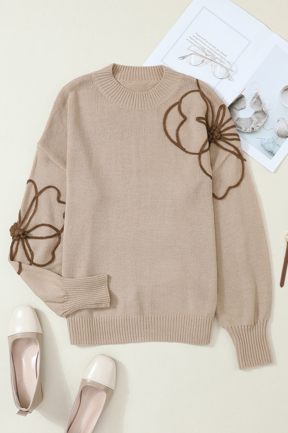 Floral Round Neck Drop Shoulder Sweater Dust Storm