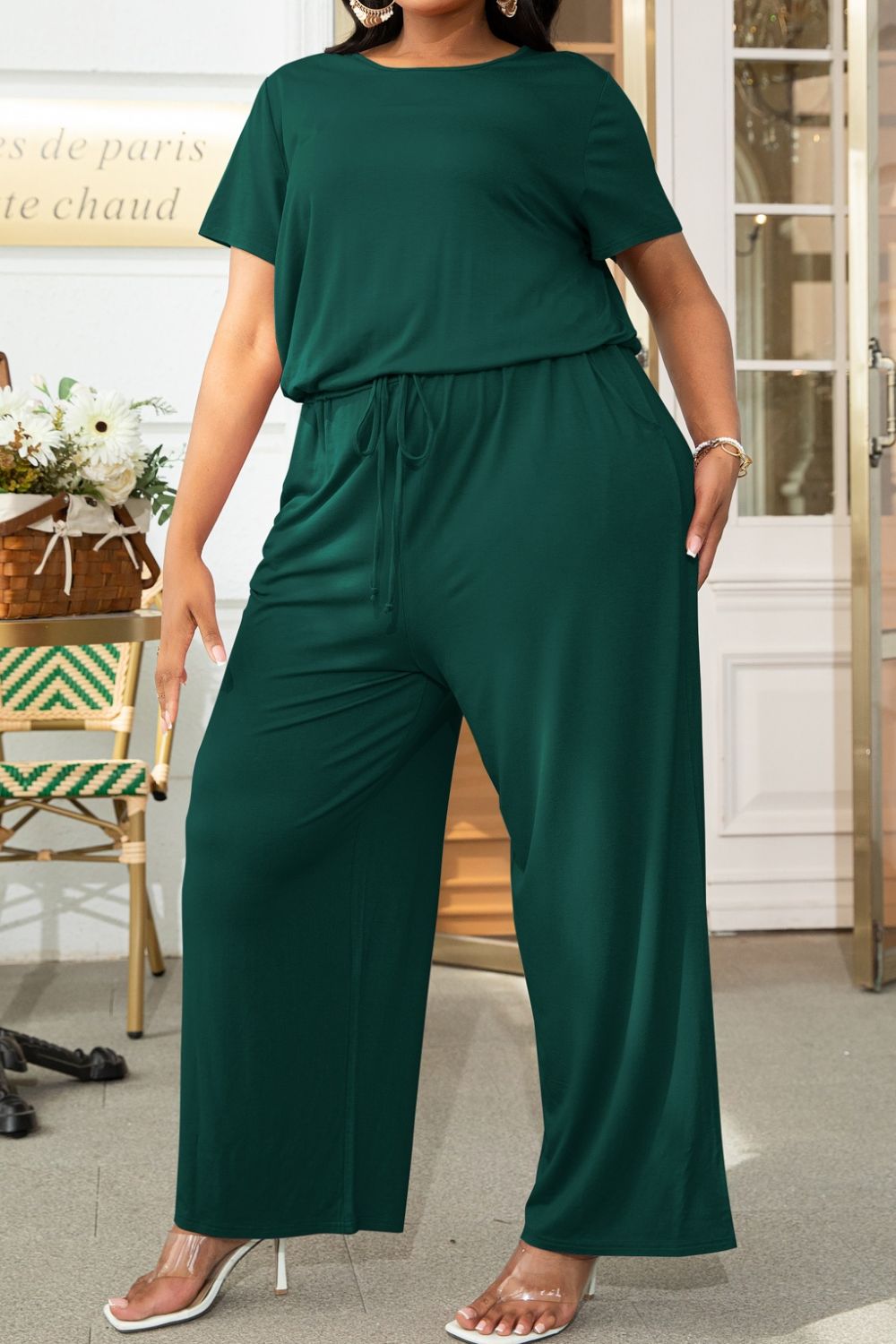 Plus Size Drawstring Waist Short Sleeve Jumpsuit Forest