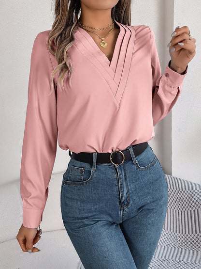 V-Neck Long Sleeve Blouse Dusty Pink