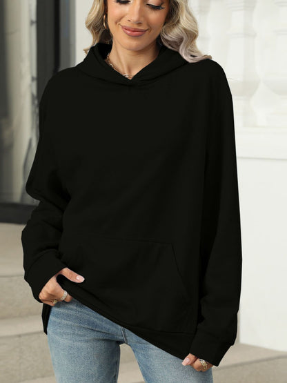 Pocketed Long Sleeve Hoodie Black