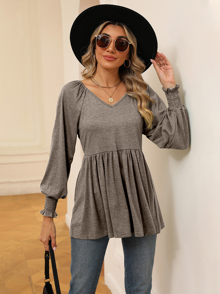 V-Neck Lantern Sleeve Blouse Khaki