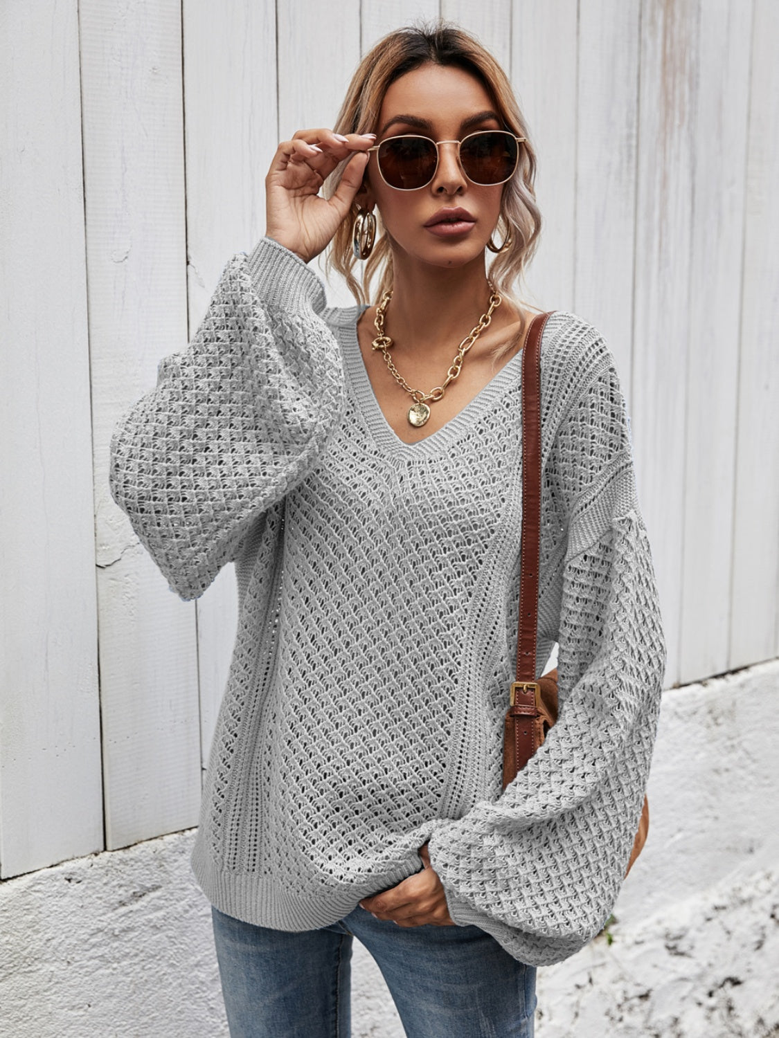 V-Neck Dropped Shoulder Sweater Light Gray