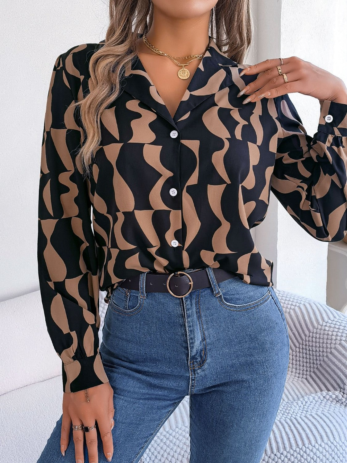 Printed Button Up Long Sleeve Shirt Camel