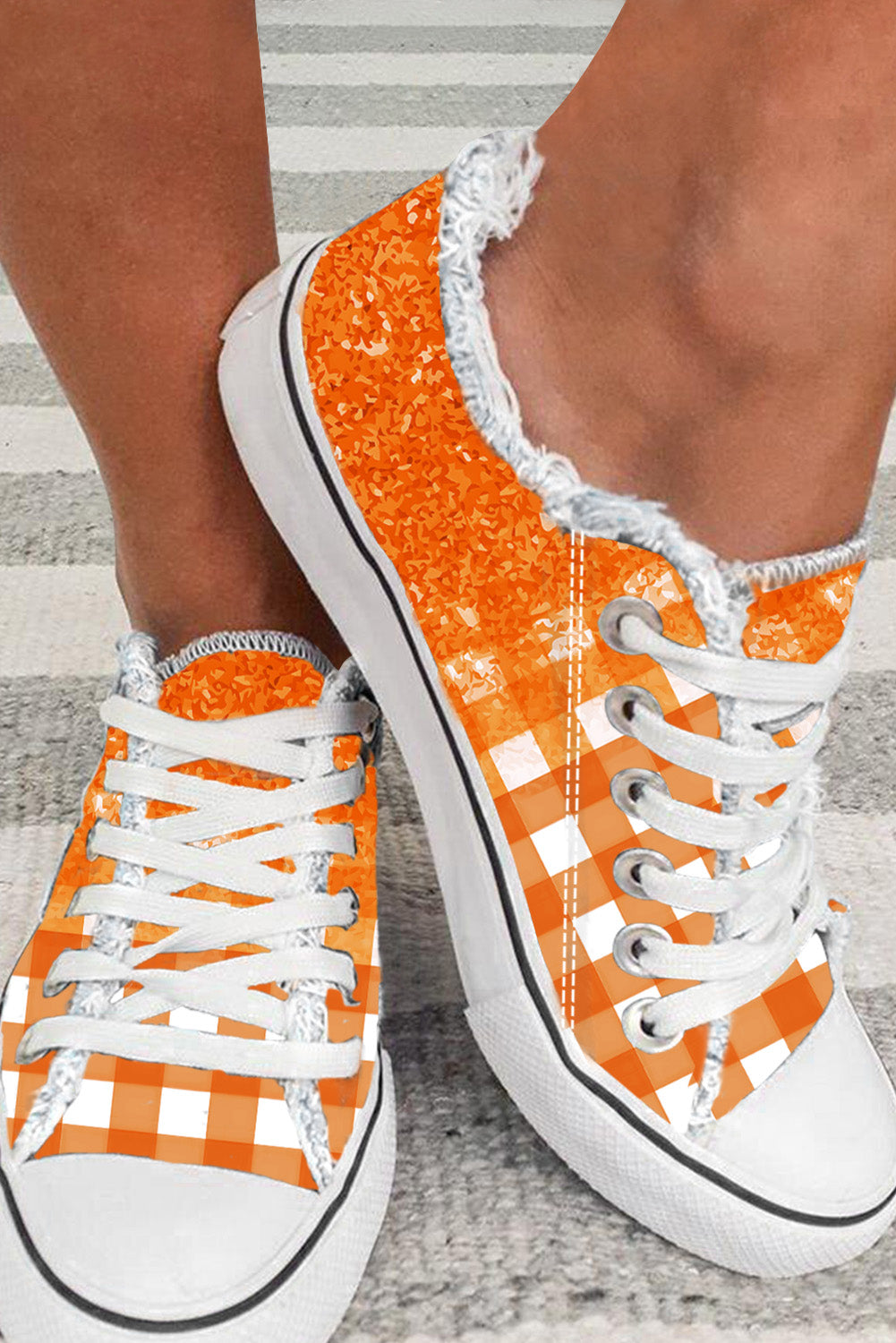 Orange Checkered Flat Canvas Shoes Orange 52%nylon+24%acrylic+24%polyester