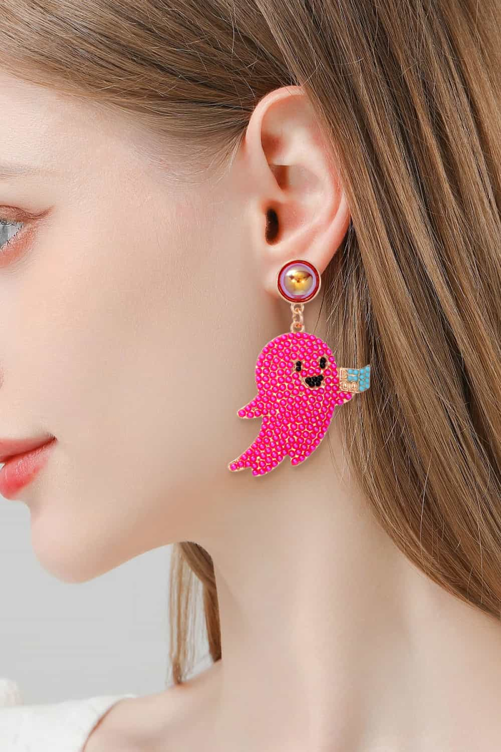 Ghost Shape Synthetic Pearl Dangle Earrings Hot Pink One Size