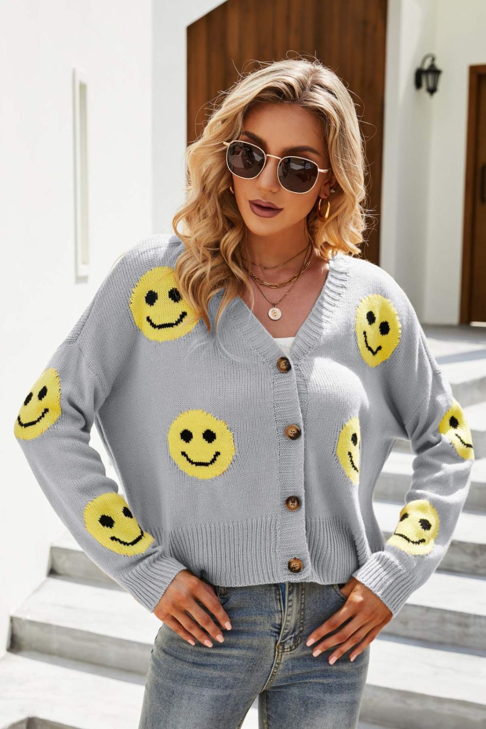 Smiley Face Ribbed Trim V-Neck Cardigan Gray