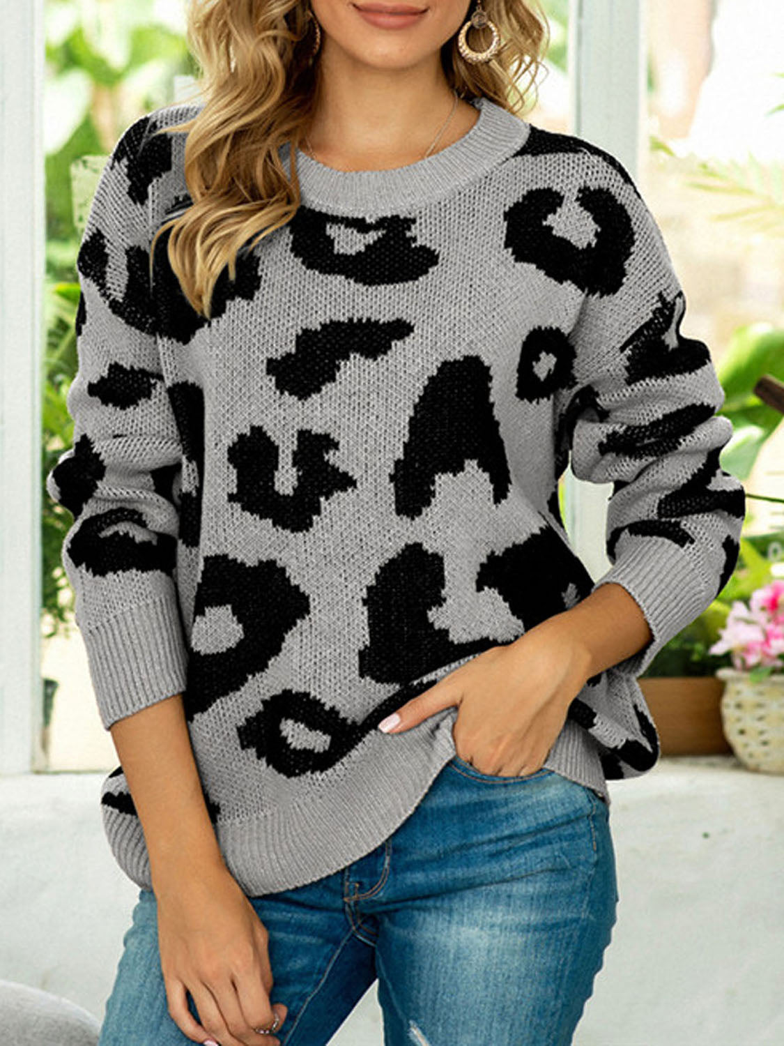 Drop Shoulder Leopard Pullover Sweater Gray