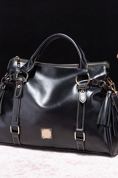 PU Leather Handbag with Tassels Black One Size