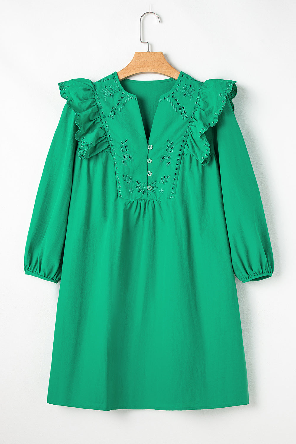 Bright Green Embroidered Ruffled Trim 3/4 Sleeve V Neck Mini Dress