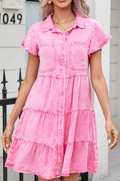 Collared Neck Button Down Mini Denim Dress Pink