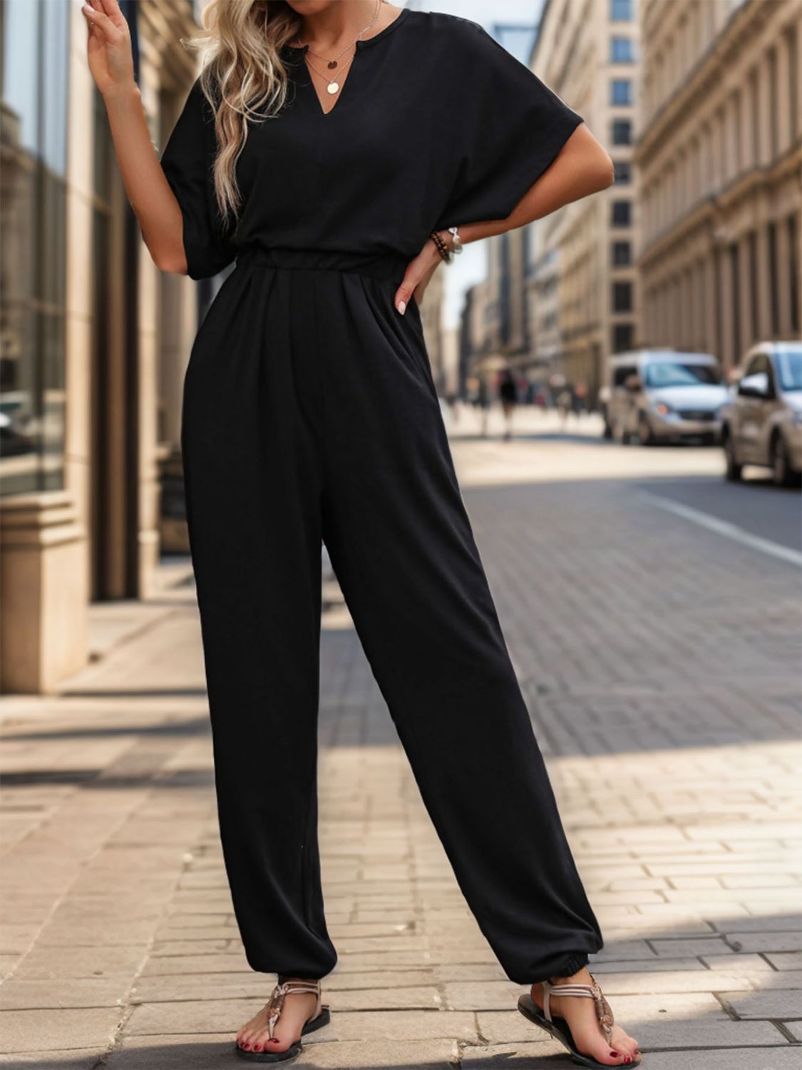 Notched Half Sleeve Straight Jumpsuit - Thandynie