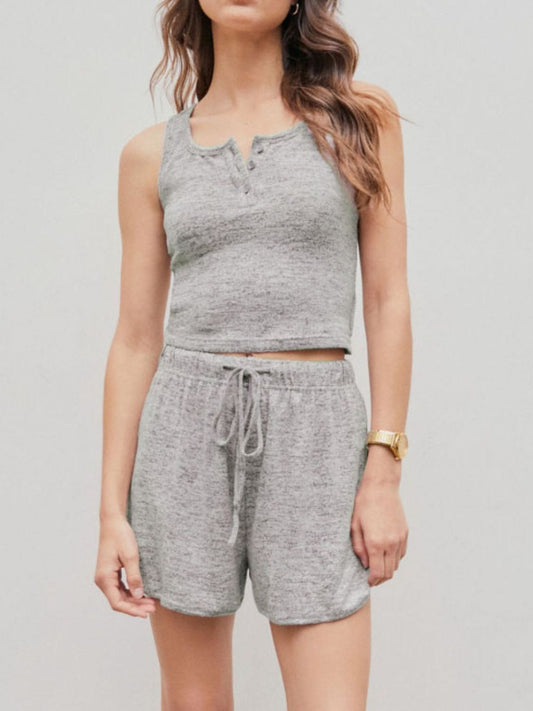 Quarter Button Sleeveless Top and Drawstring Shorts Lounge Set Gray