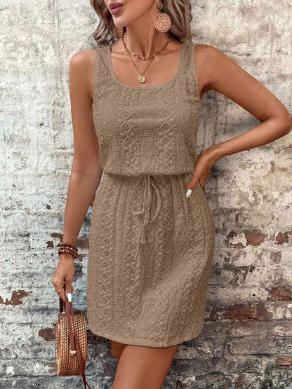 Eyelet Drawstring Round Neck Sleeveless Dress Taupe