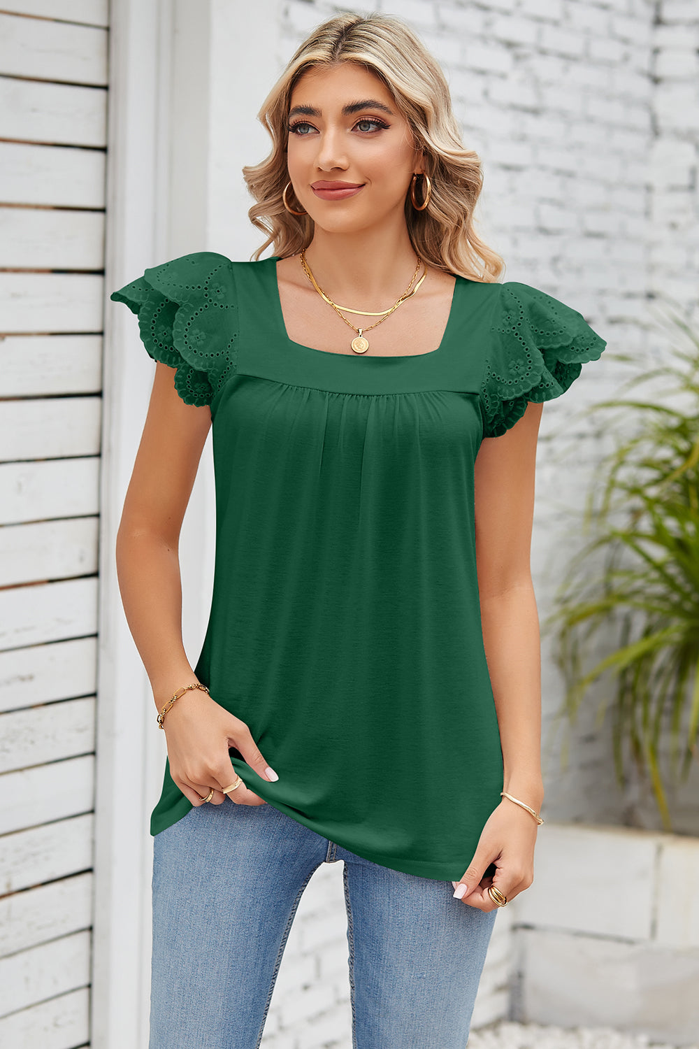 Eyelet Square Neck Cap Sleeve Blouse Dark Green