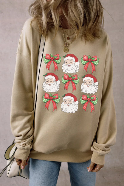 Santa Graphic Round Neck Long Sleeve Sweatshirt Khaki