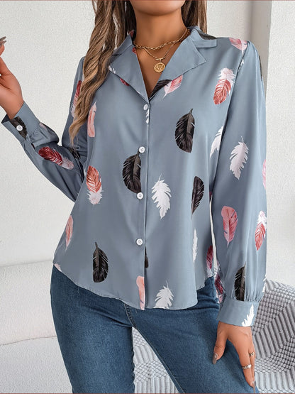 Button Up Printed Collared Neck Shirt Misty Blue