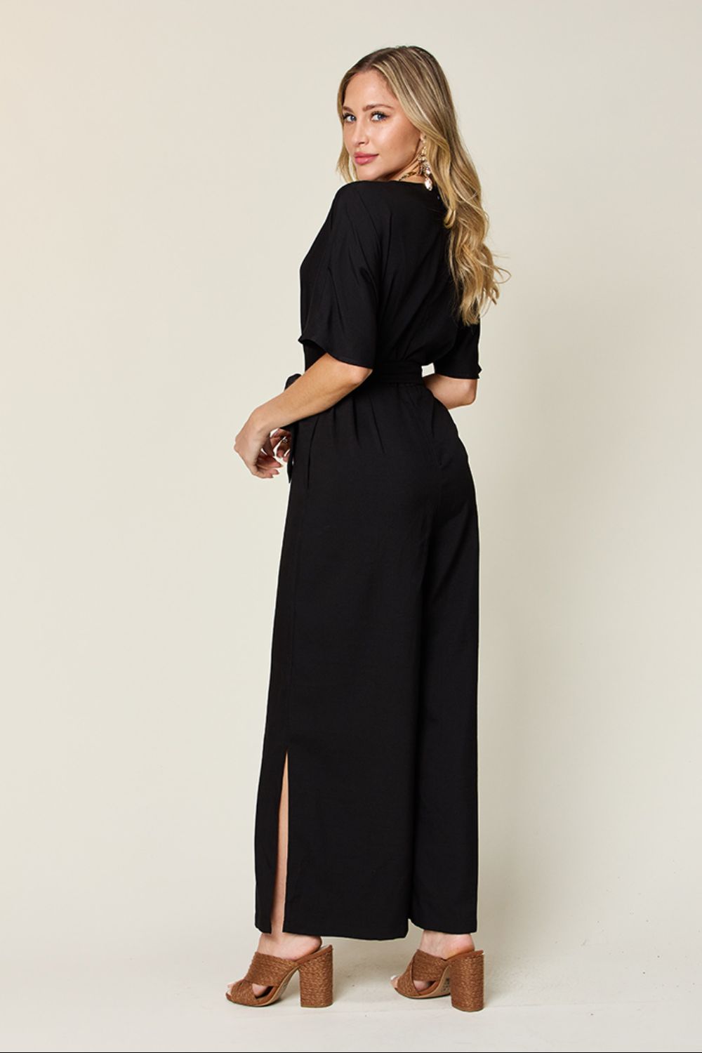 Double Take Full Size V-Neck Tie Front Short Sleeve Slit Jumpsuit - Thandynie