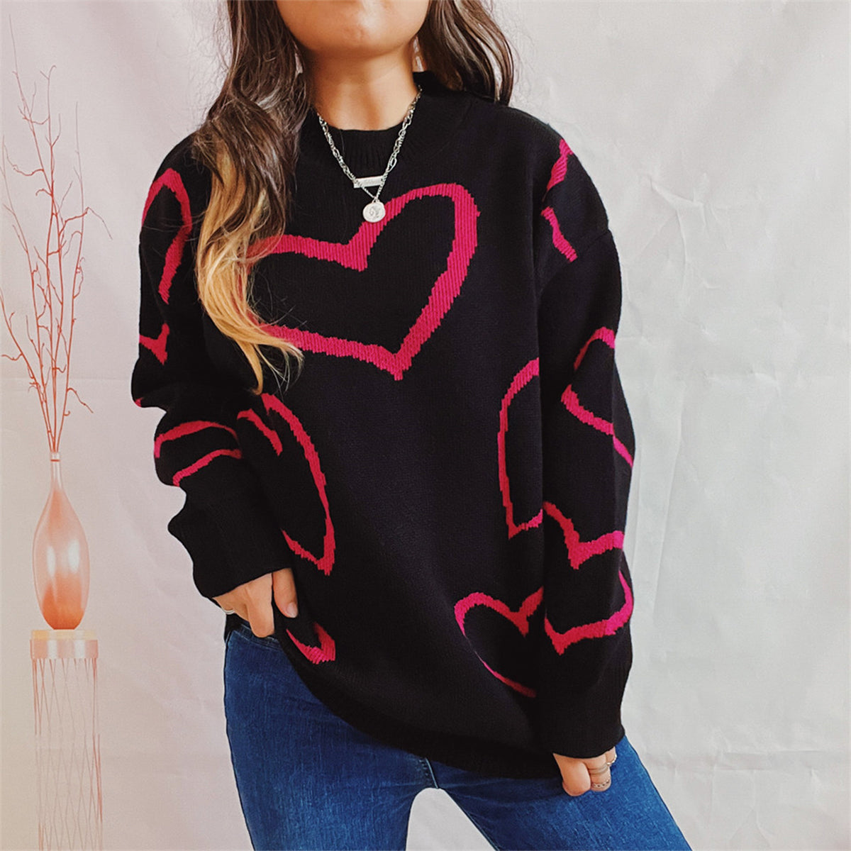 Heart Pattern Long Sleeve Sweater Black