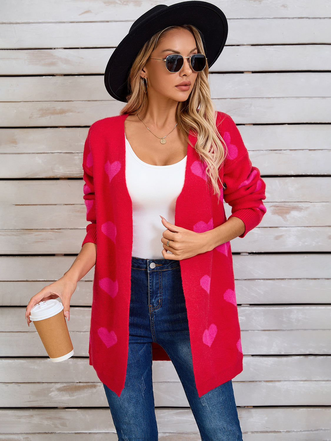 Angel Wings Heart Open Front Long Sleeve Cardigan Scarlet