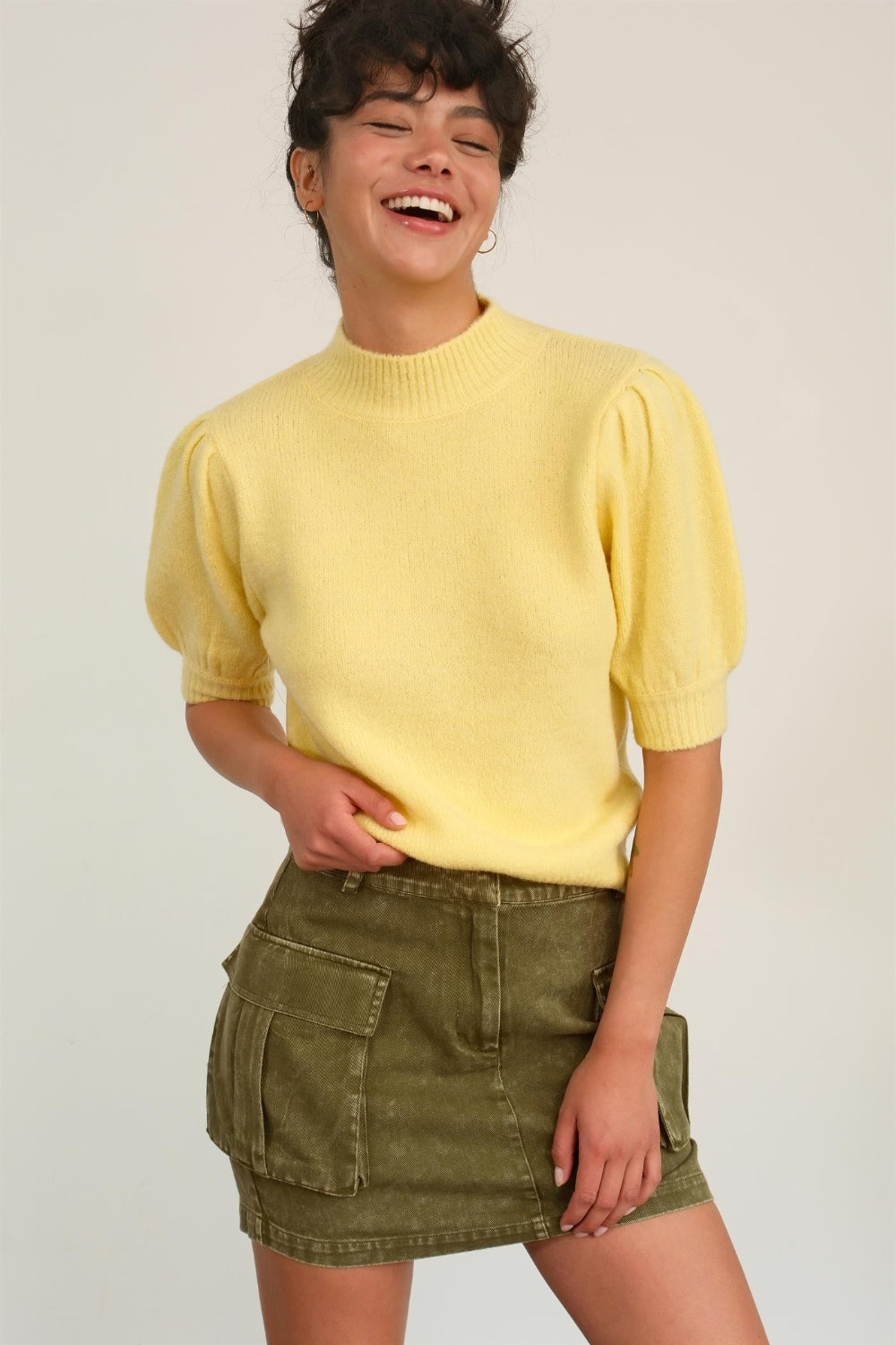 HYFVE Mock Neck Puff Sleeve Sweater Creamy Yellow