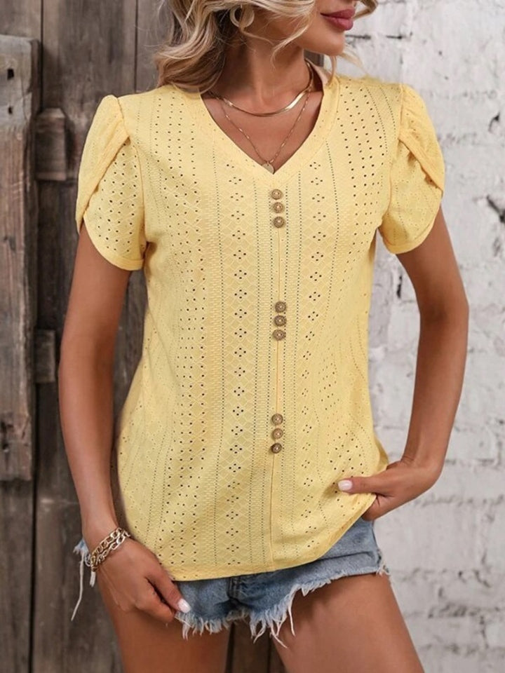 Eyelet V-Neck Petal Sleeve T-Shirt Yellow