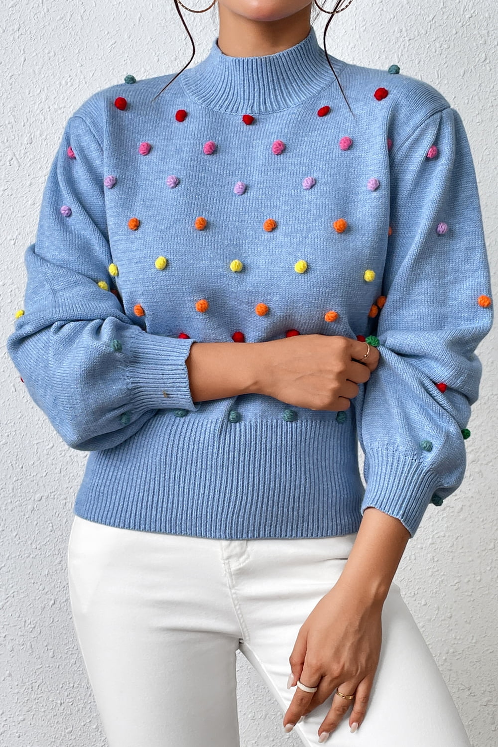 Pom-Pom Trim Mock Neck Long Sleeve Pullover Sweater Blue