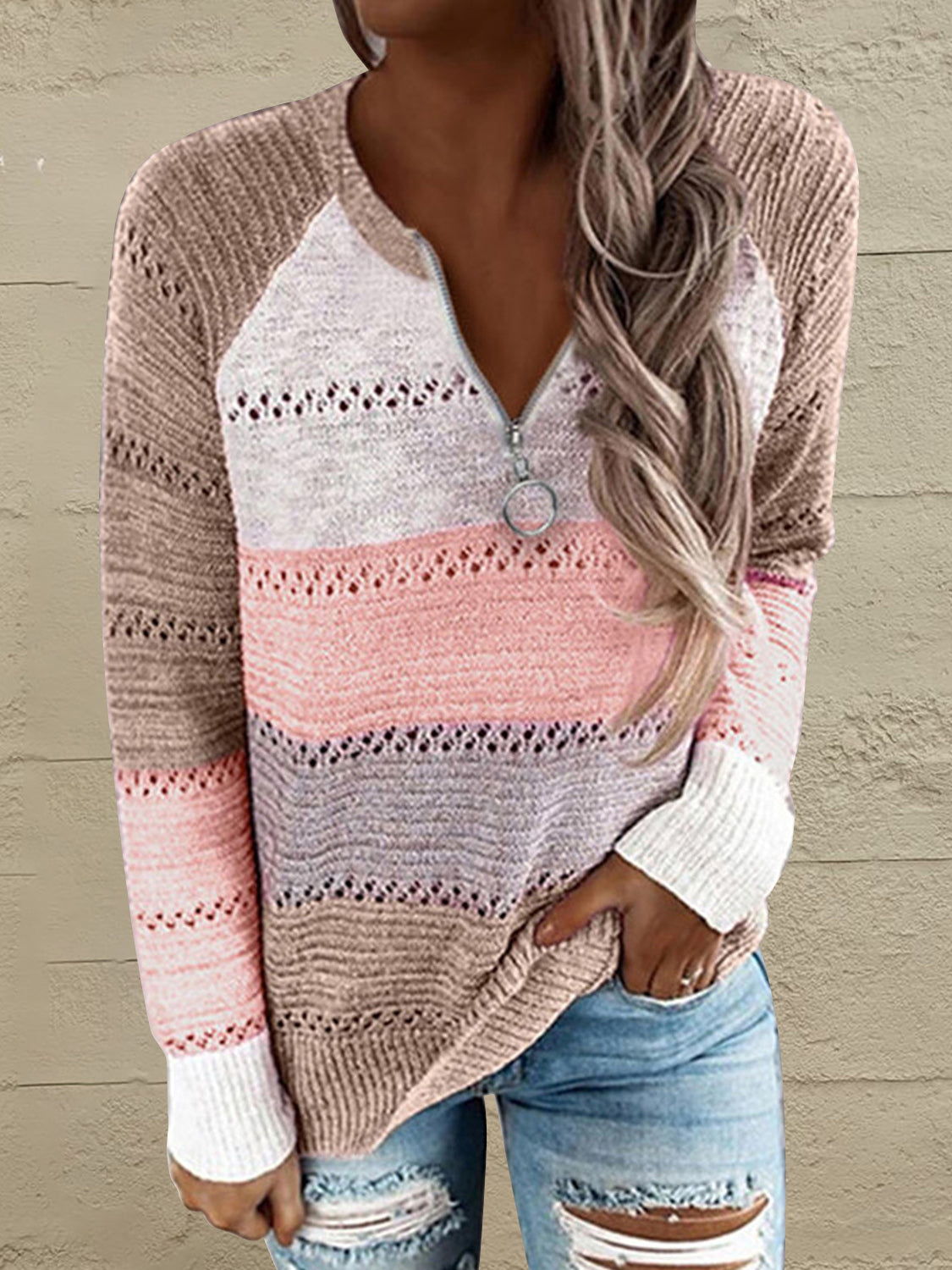 Full Size Color Block Half Zip Sweater Blush Pink