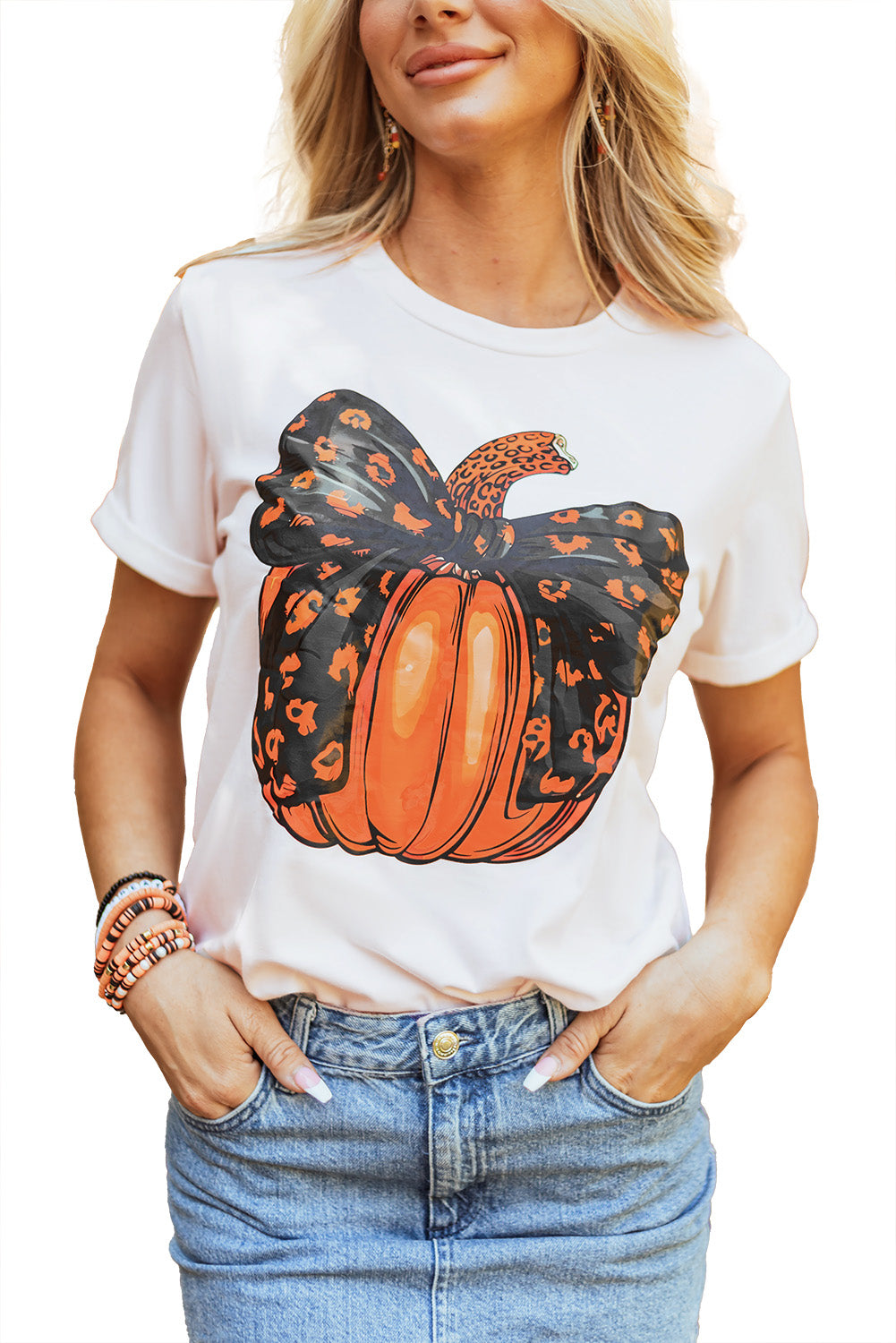 White Halloween Bowknot Pumpkin Graphic Crewneck T Shirt