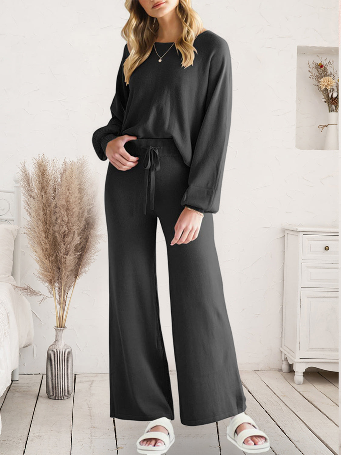 Long Sleeve Lounge Top and Drawstring Pants Set Black