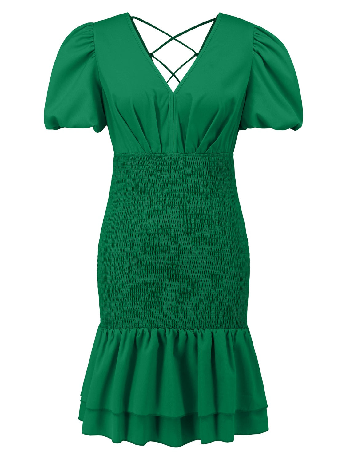 Layered Backless V-Neck Short Sleeve Dress Green