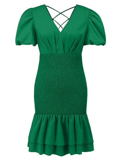 Layered Backless V-Neck Short Sleeve Dress Green