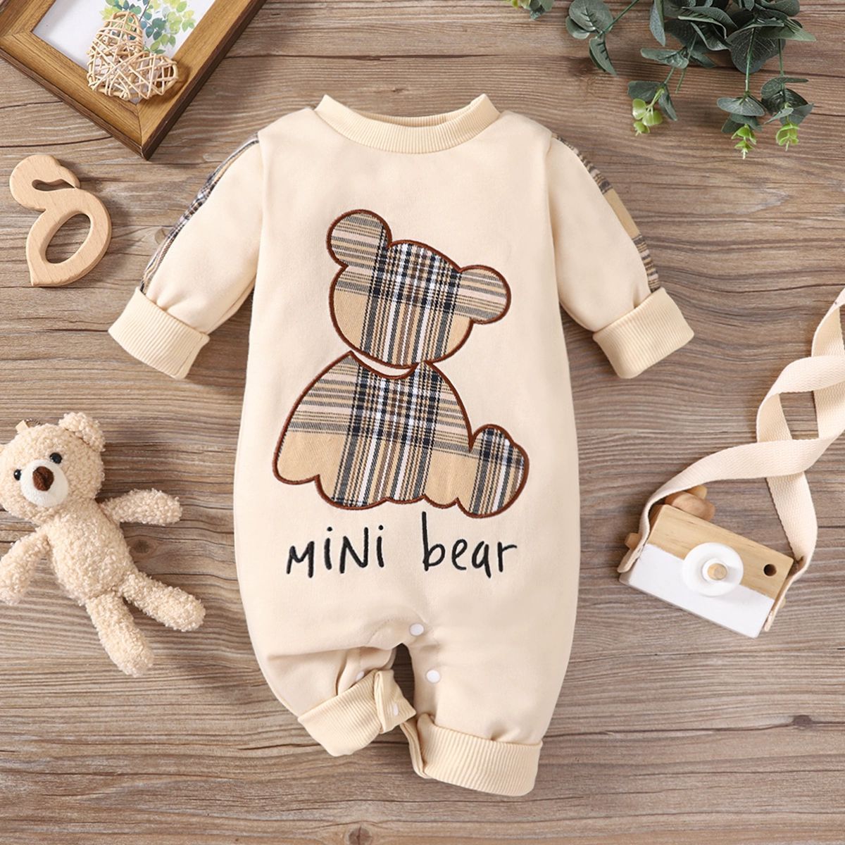 Plaid Patch Bear Long Sleeve Adjustable Overalls Beige