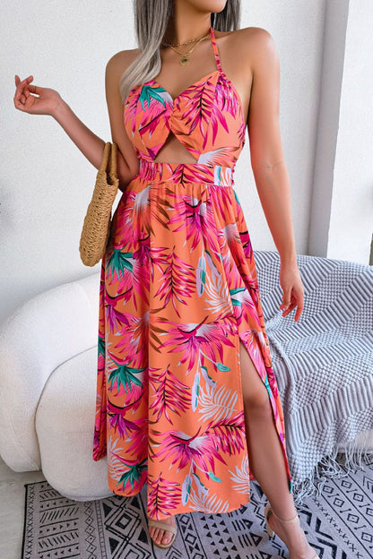 Botanical Print Tied Backless Cutout Slit Dress Orange