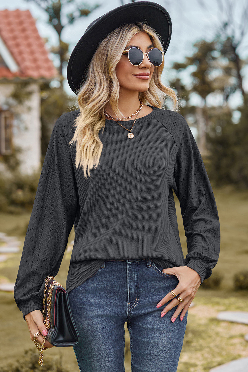 Eyelet Round Neck Long Sleeve T-Shirt Dark Gray