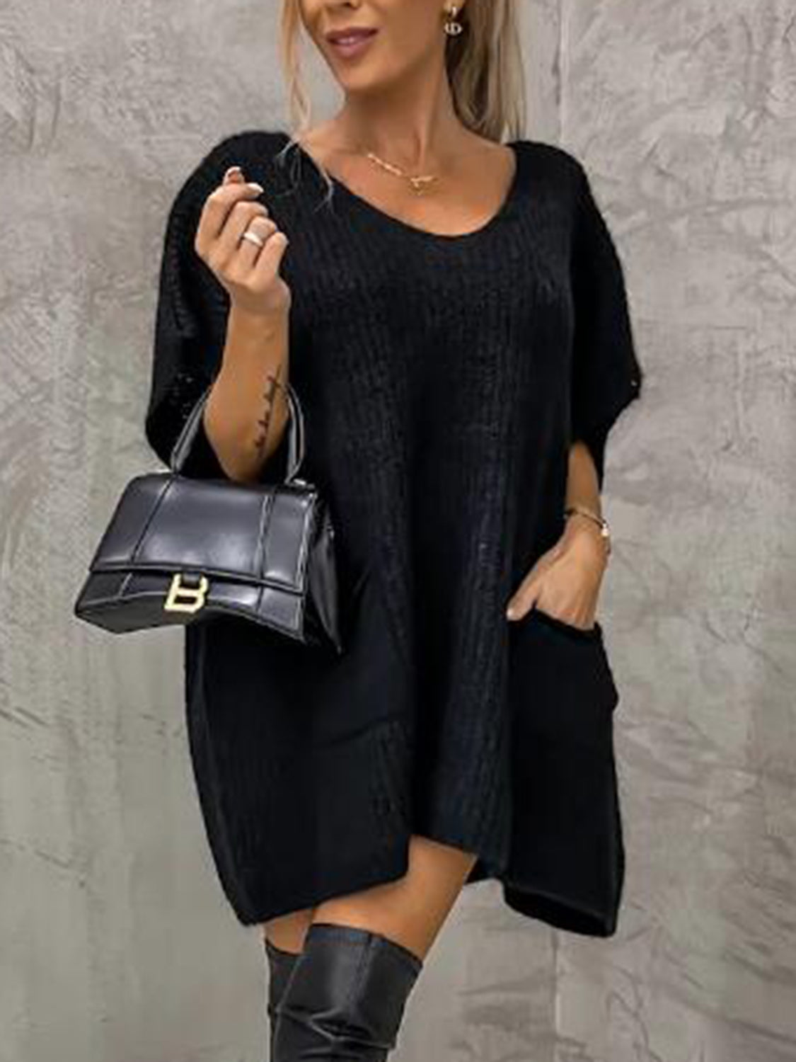 V-Neck Short Sleeve Sweater with Pockets Black