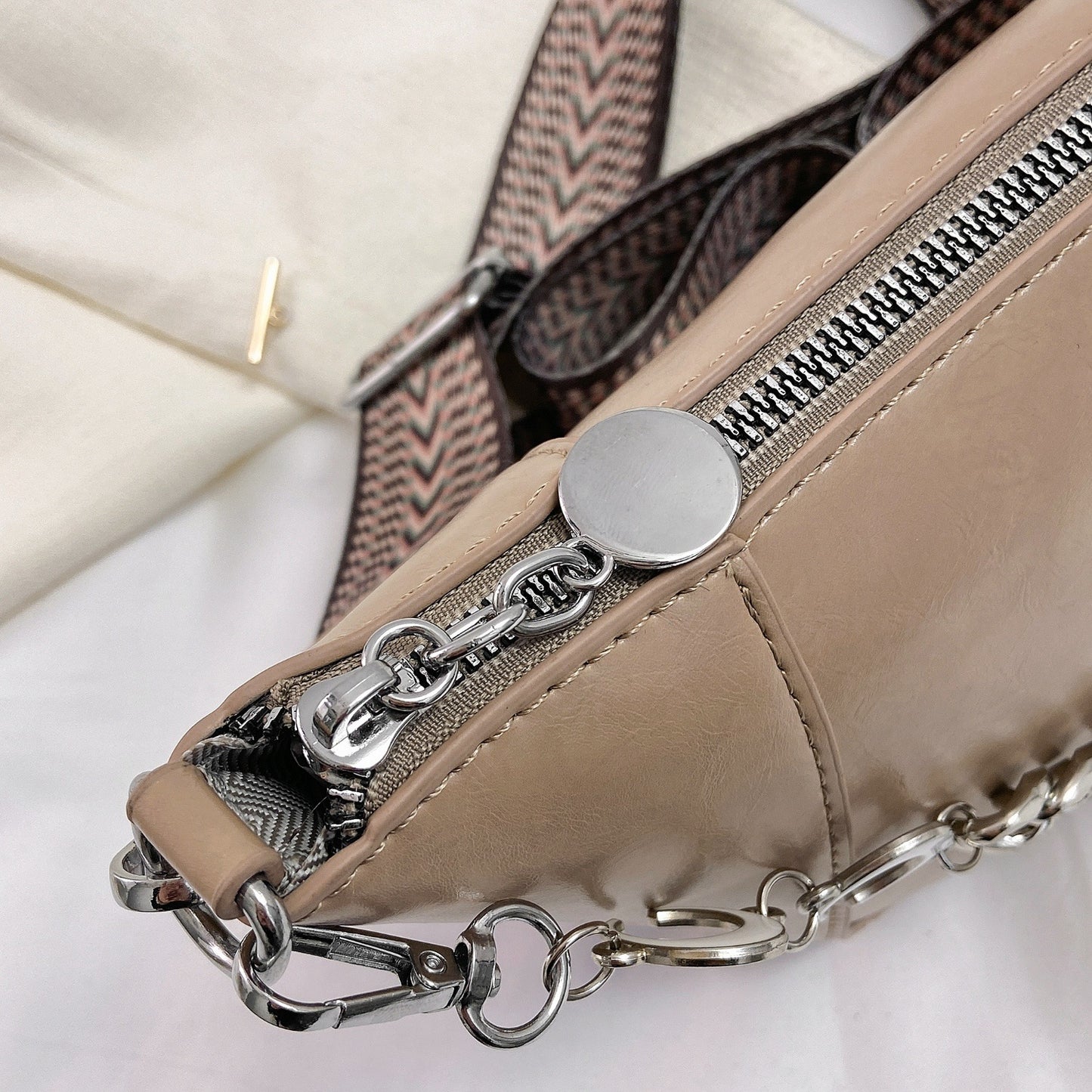 PU Leather Chain Trim Crossbody Bag - Thandynie