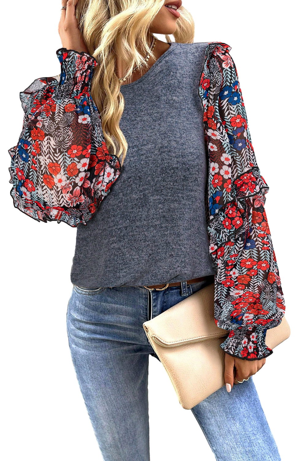 Blue Ruffle Tiered Floral Sleeve Crew Neck Blouse