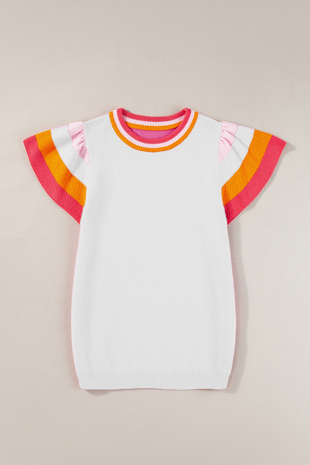 Color Block Round Neck Knit Top White