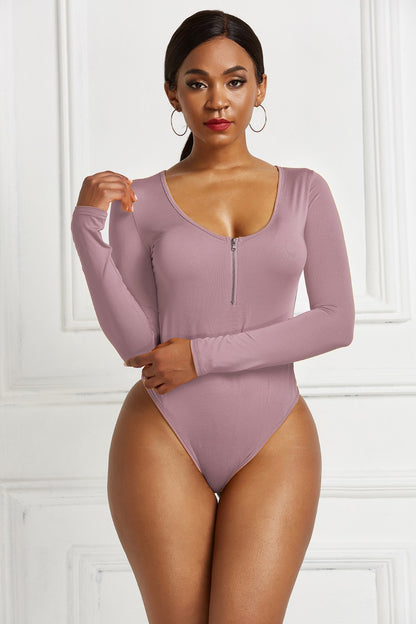 Half Zip Scoop Neck Long Sleeve Bodysuit Dusty Pink