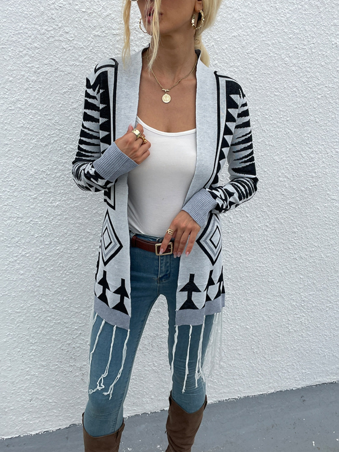 Geometric Fringe Hem Open Front Cardigan - Thandynie