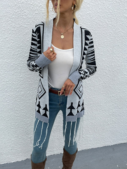 Geometric Fringe Hem Open Front Cardigan Cloudy Blue