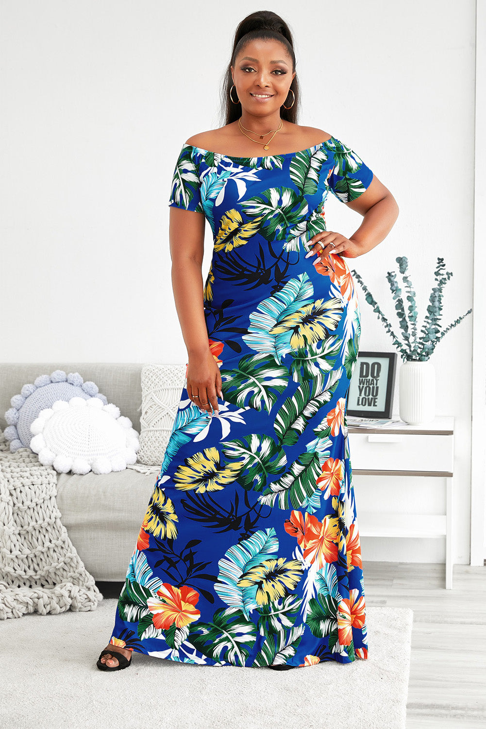 Plus Size Floral Off-Shoulder Short Sleeve Fishtail Dress Leaf