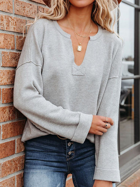 Notched Dropped Shoulder Sweater Light Gray