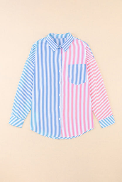 Striped Two-Tone Long Sleeve Shirt with Pocket Blue-Pink